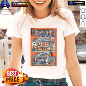 Official New York Knicks game day series 2025 ECF campaign NBA ladies tee featuring vibrant team colors and logo.