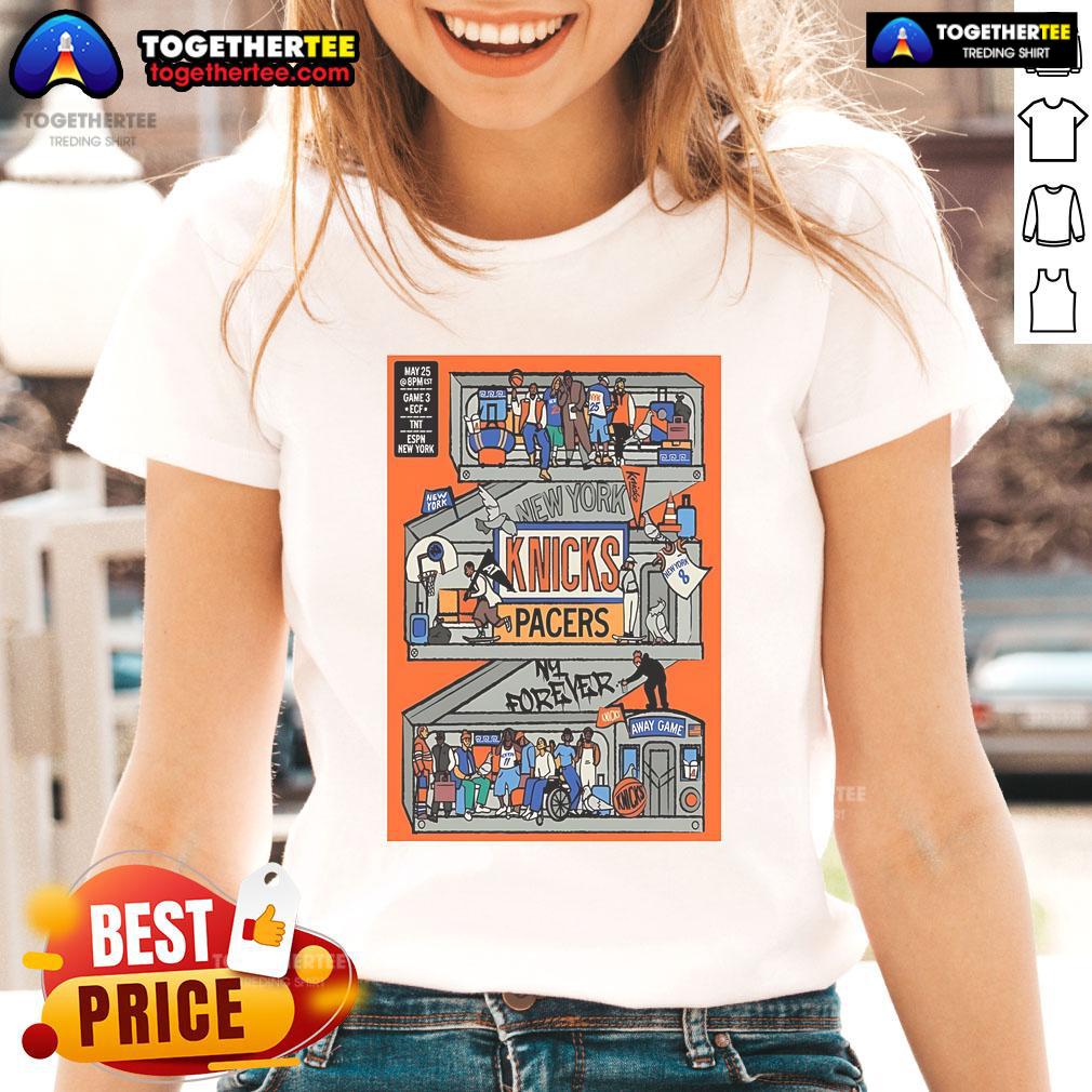 Official New York Knicks game day series 2025 ECF campaign NBA ladies tee featuring vibrant team colors and logo.