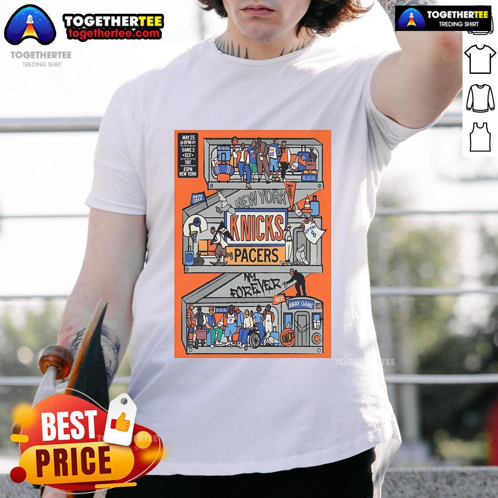 Alt Text: Official New York Knicks Game Day Series 2025 ECF Campaign NBA T-Shirt featuring team colors and logo design.