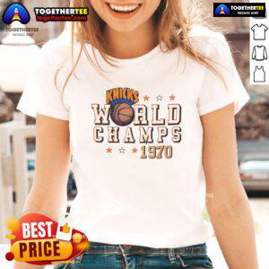 Alt Text: Official New York Knicks World Champs 1970 ladies tee featuring vintage design and team colors, perfect for fans.