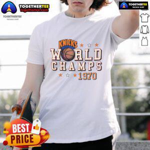 Alt Text: Official New York Knicks World Champs 1970 T-Shirt featuring vintage design and team logo, perfect for Knicks fans.