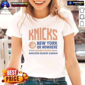 Alt Text: Official New York or Nowhere Knicks Playoffs 2025 ladies tee featuring vibrant team graphics and comfortable fit.