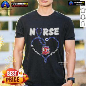 Alt Text: Official Nurse It's A Work Of Heart Sydney Roosters T-Shirt featuring vibrant graphics and team colors.