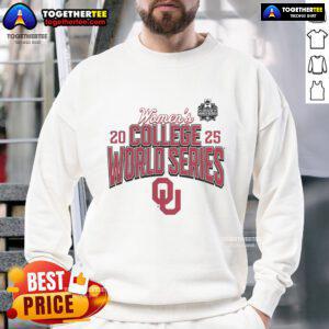 Official Oklahoma Sooners 2025 NCAA Softball Women's College World Series sweatshirt in crimson with team logo.