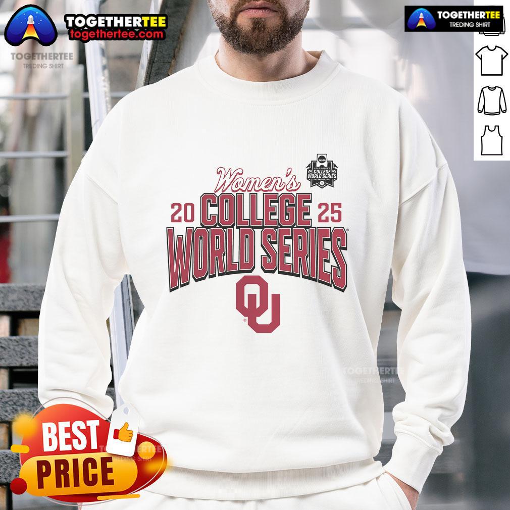 Official Oklahoma Sooners 2025 NCAA Softball Women's College World Series sweatshirt in crimson with team logo.