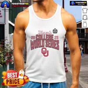 Official Oklahoma Sooners 2025 NCAA Softball Women's College World Series tank top featuring team colors and logo.