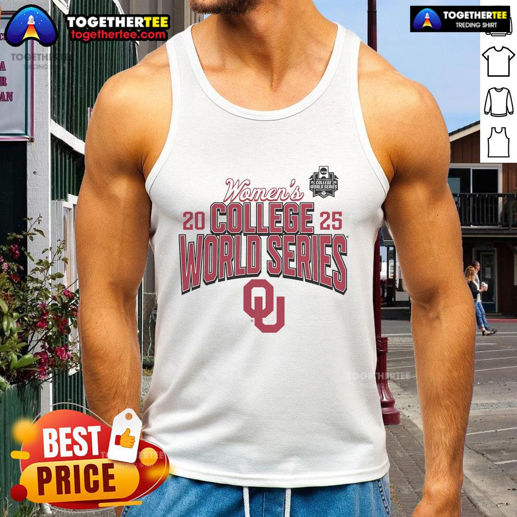 Official Oklahoma Sooners 2025 NCAA Softball Women's College World Series tank top featuring team colors and logo.