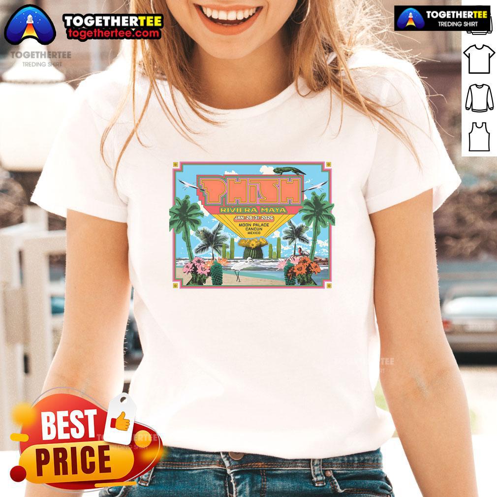 Official Phish Riviera Maya ladies tee for the Jan 28-31, 2026 concert at Moon Palace in Cancun, Mexico.