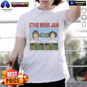 Alt Text: Official Star Wars Jam Luke and Leia T-Shirt featuring iconic characters in a vibrant design for fans.