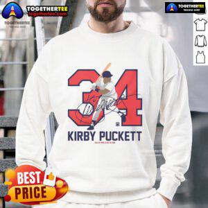 Alt Text: Official Team Brown Kirby Puckett Baseball Hall of Fame member signature sweatshirt displayed on a hanger.