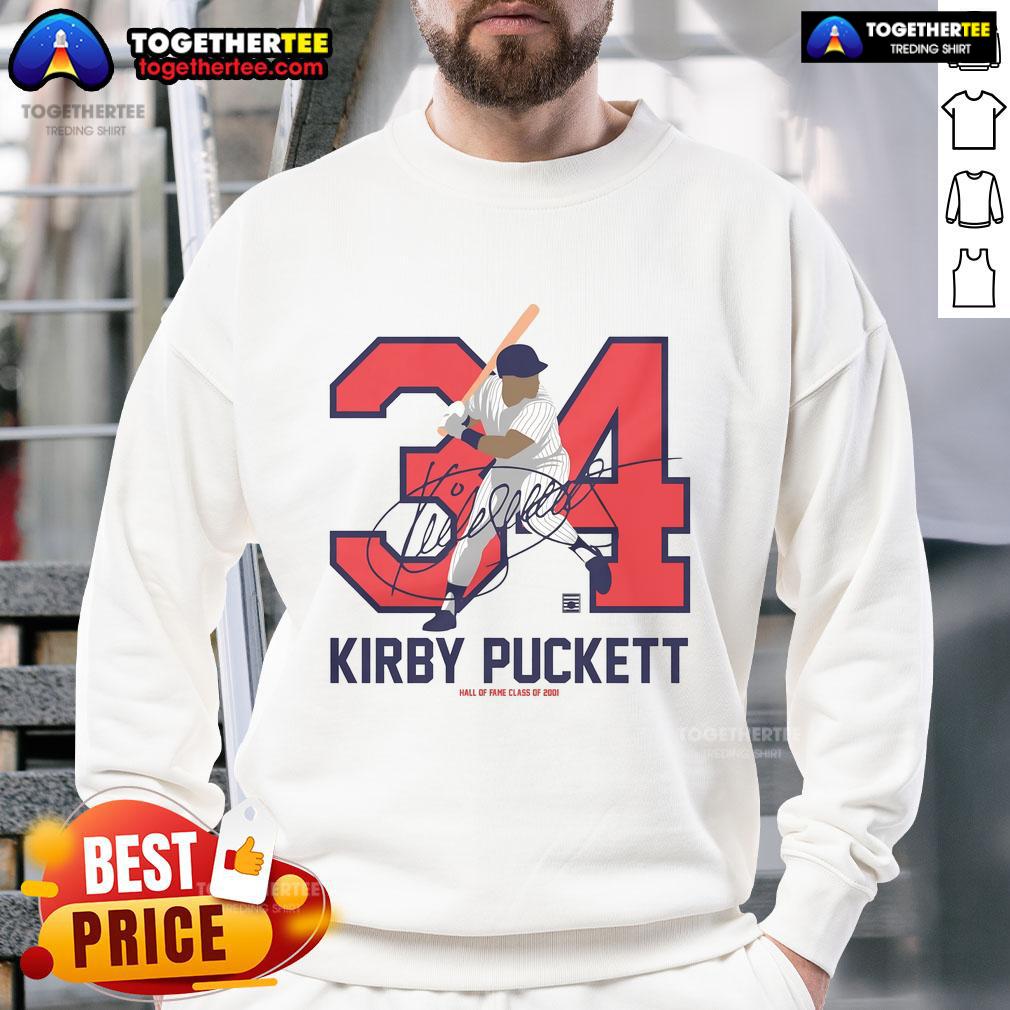 Alt Text: Official Team Brown Kirby Puckett Baseball Hall of Fame member signature sweatshirt displayed on a hanger.
