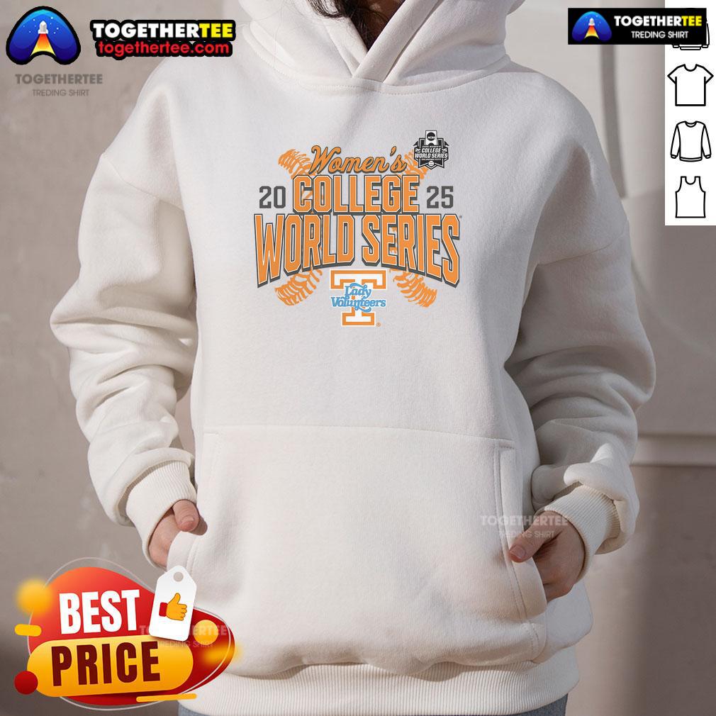 Official Tennessee Lady Vols 2025 NCAA Softball Women's College World Series hoodie showcasing team colors and logo.