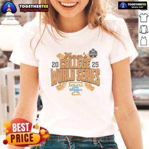Official Tennessee Lady Vols 2025 NCAA Softball Women's College World Series ladies tee in orange and white design.