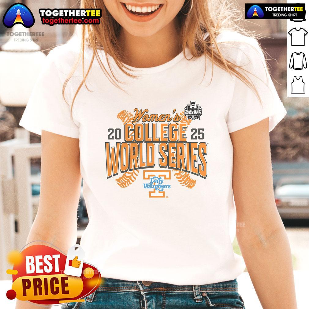 Official Tennessee Lady Vols 2025 NCAA Softball Women's College World Series ladies tee in orange and white design.