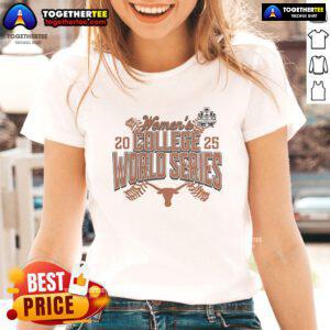 Official Texas Longhorns Softball 2025 NCAA Women's College World Series Ladies Tee featuring team logo and colors.