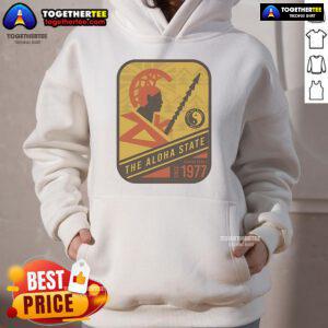 Official Aloha State Stamp Warrior hoodie, serving Hawaii since 1977, showcasing vibrant design and island pride.