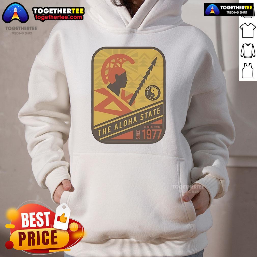 Official Aloha State Stamp Warrior hoodie, serving Hawaii since 1977, showcasing vibrant design and island pride.