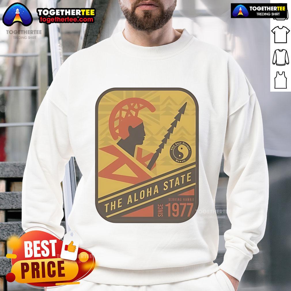 Official Aloha State sweatshirt featuring a warrior design, serving Hawaii since 1977, perfect for island-themed fashion.