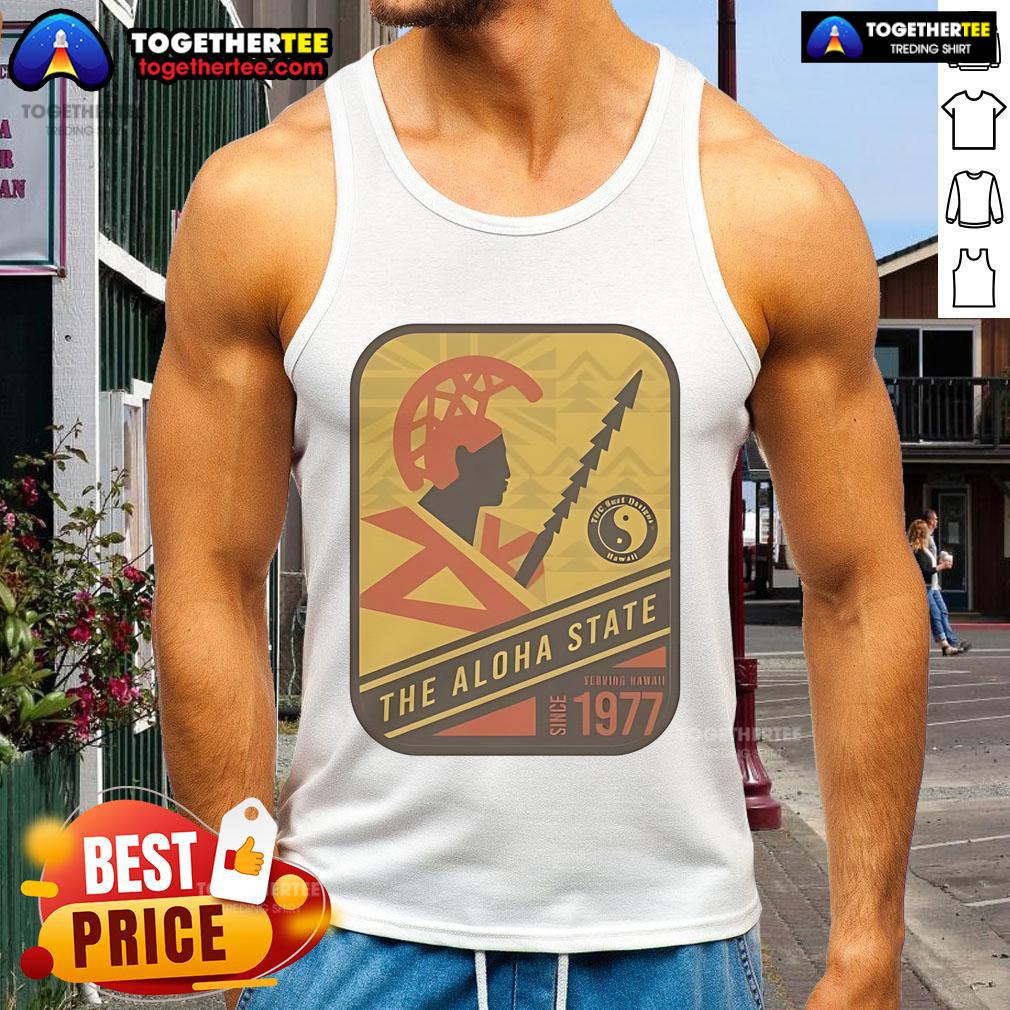 Official The Aloha State Stamp tank top featuring a warrior, serving Hawaii since 1977, perfect for summer fashion.