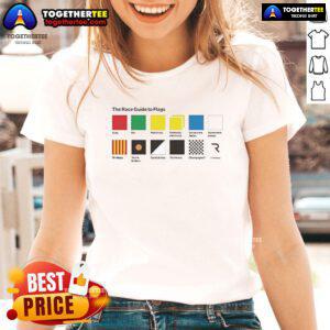 Official The Race Guide to Flags Ladies Tee featuring vibrant flag graphics and a stylish design for racing enthusiasts.