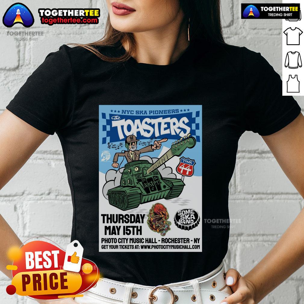 Alt Text: Official The Toasters NY Ska Pioneers Show May 15, 2025, graphic on a stylish ladies tee featuring vibrant design.
