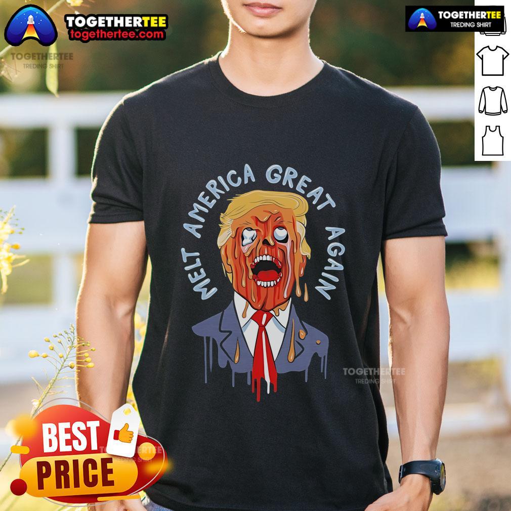 Official Trump Melt America Great Again T-Shirt featuring bold graphics and patriotic colors, perfect for supporters.