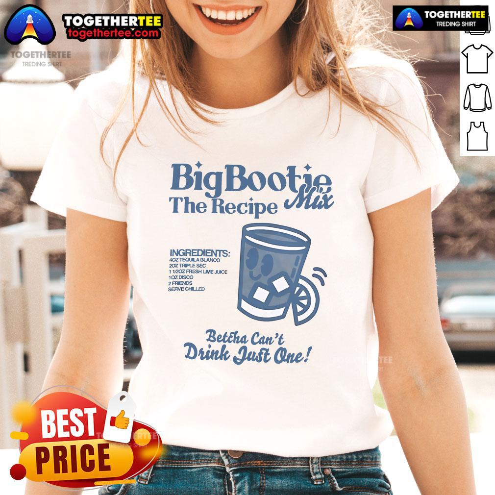 Alt Text: Official Two Friends Big Bootie The Recipe Mix tee featuring fun ingredients design for ladies' casual wear.