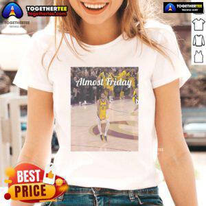 Official Tyrese Haliburton Indiana Pacers Big Nuts Almost Friday ladies tee featuring vibrant team colors and stylish design.
