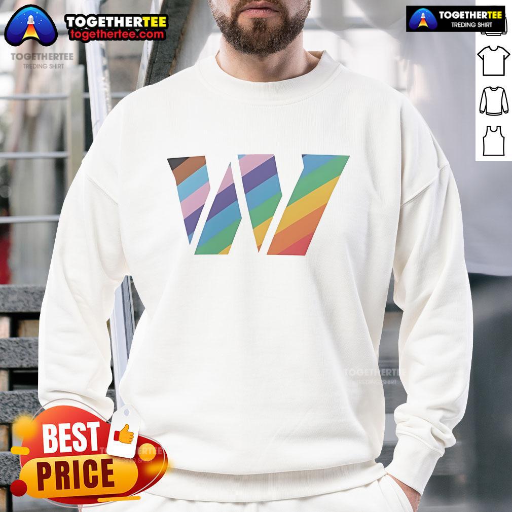 Alt Text: Official Washington Commanders logo pride sweatshirt featuring vibrant colors and team branding for fans.