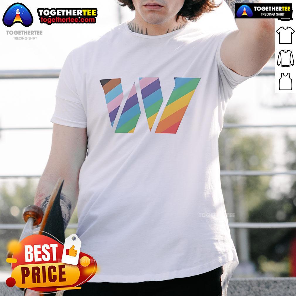 Official Washington Commanders Logo Pride T-Shirt featuring vibrant colors and team logo, perfect for fans celebrating diversity.