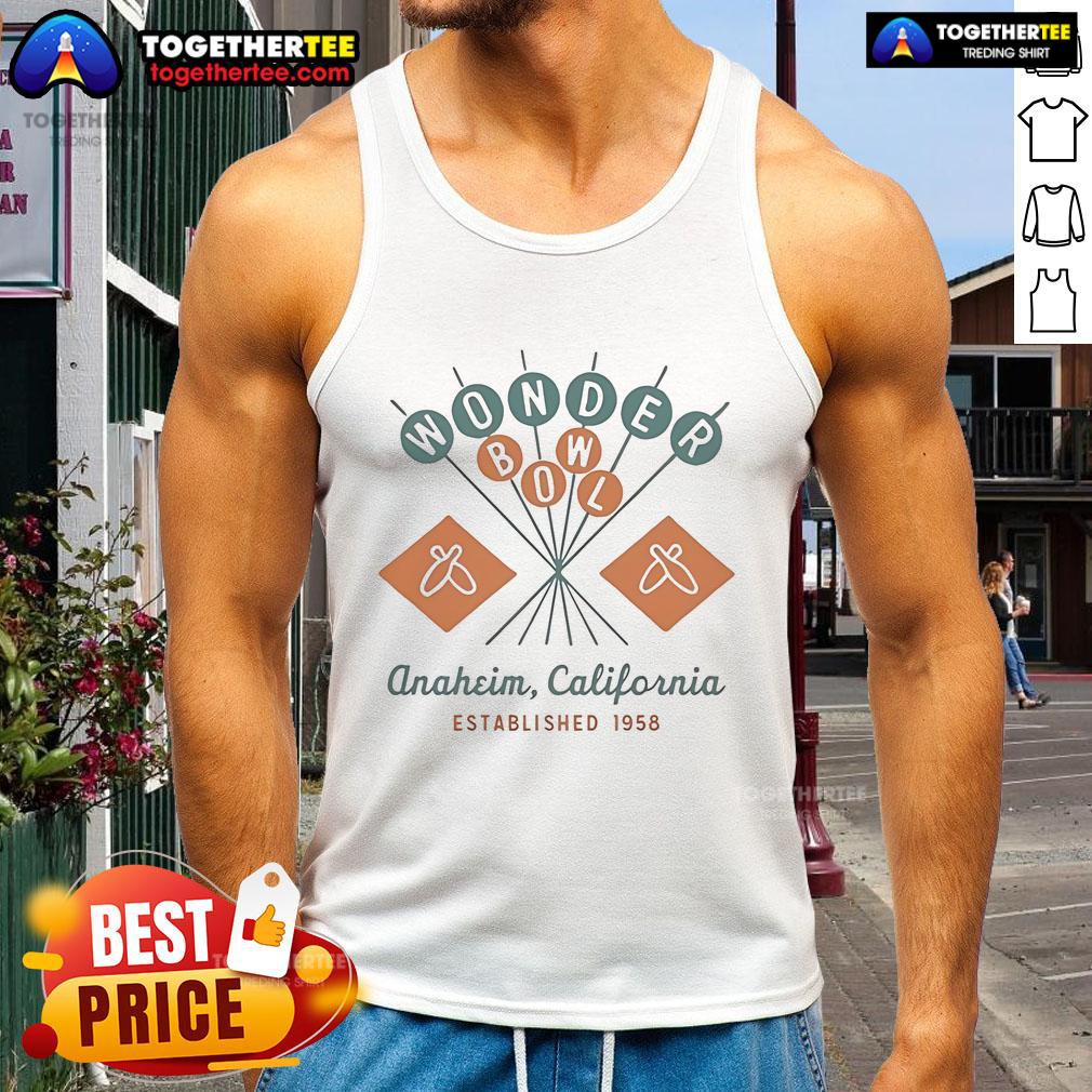 Official Wonder Bowl Anaheim California tank top, established 1958, featuring vibrant design and retro logo.