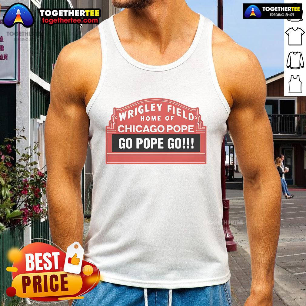Alt Text: Official Wrigley Field 'Go Pope Go' tank top featuring Chicago Cubs colors and logo, perfect for baseball fans.