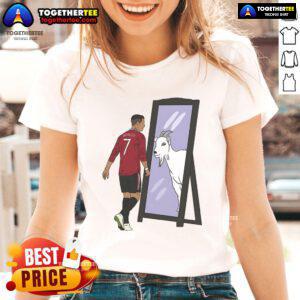 Alt Text: Original Cristiano Ronaldo Mirror Goat Ladies Tee featuring a stylish design celebrating the soccer legend.