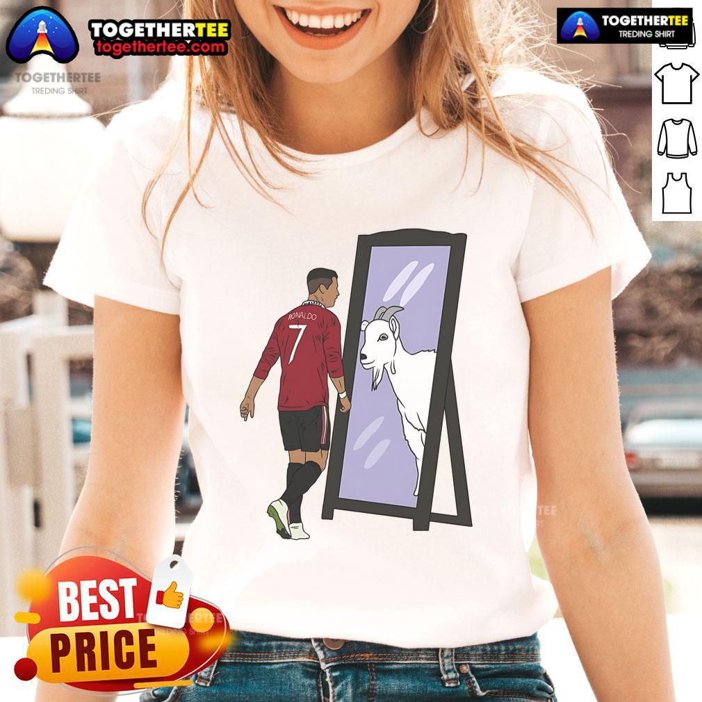 Alt Text: Original Cristiano Ronaldo Mirror Goat Ladies Tee featuring a stylish design celebrating the soccer legend.