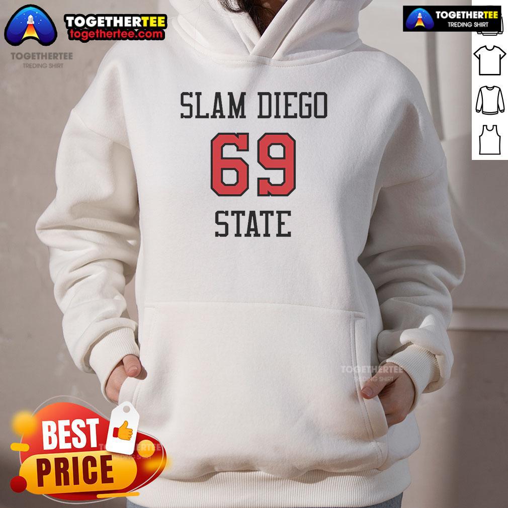 Original Slam Diego State 69 Tee Hoodie featuring a stylish design for fans of San Diego sports apparel.