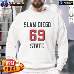 Original Slam Diego State 69 Tee Sweatshirt featuring bold graphics and a comfortable fit for fans of the team.