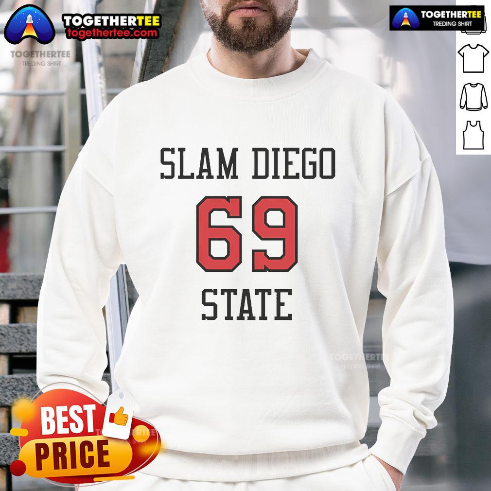 Original Slam Diego State 69 Tee Sweatshirt featuring bold graphics and a comfortable fit for fans of the team.