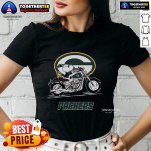 Alt Text: Original Snoopy and Woodstock driving a motorbike on a Green Bay Packers ladies tee shirt.
