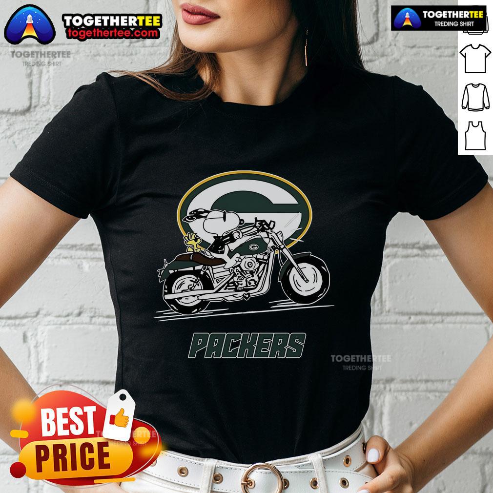 Alt Text: Original Snoopy and Woodstock driving a motorbike on a Green Bay Packers ladies tee shirt.