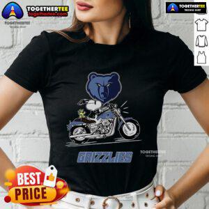 Alt Text: Original Snoopy and Woodstock driving a motorbike on Memphis Grizzlies ladies tee shirt design.