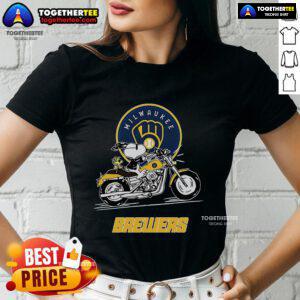 Original Snoopy and Woodstock driving a motorbike on Milwaukee Brewers ladies tee, perfect for fans.