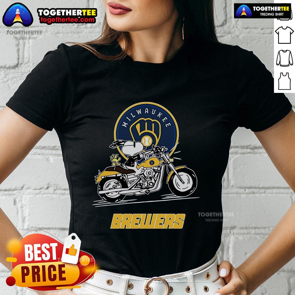 Original Snoopy and Woodstock driving a motorbike on Milwaukee Brewers ladies tee, perfect for fans.