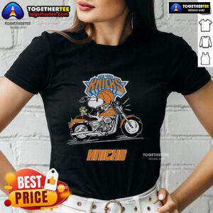 Snoopy and Woodstock driving a motorbike on a New York Knicks ladies tee, showcasing a fun and colorful design.