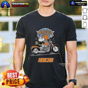 Alt Text: Original Snoopy and Woodstock driving a motorbike on a New York Knicks T-shirt, colorful and playful design.