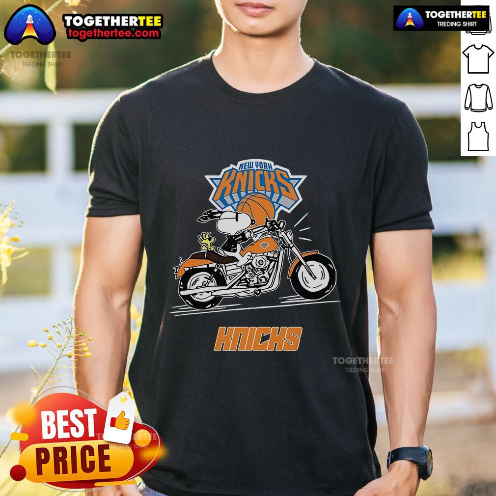 Alt Text: Original Snoopy and Woodstock driving a motorbike on a New York Knicks T-shirt, colorful and playful design.