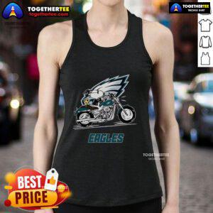 Alt Text: Original Snoopy and Woodstock driving a motorbike on a Philadelphia Eagles tank top, showcasing team spirit and fun.