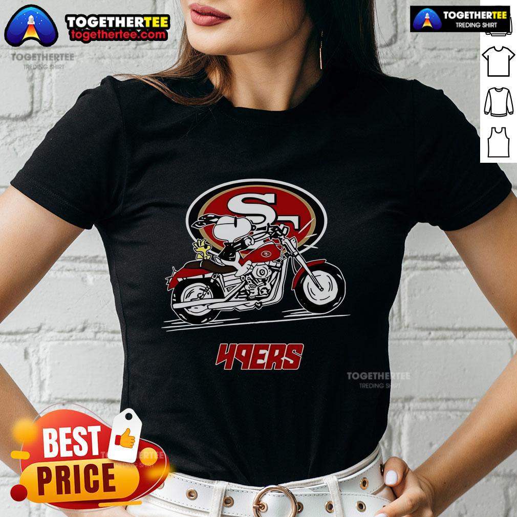 Original Snoopy and Woodstock driving a motorbike on a San Francisco 49ers ladies tee design.