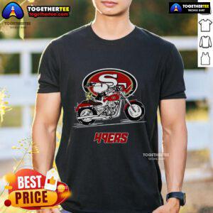 Alt Text: Original Snoopy and Woodstock driving motorbike on San Francisco 49ers T-Shirt, perfect for fans and collectors.