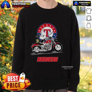 Alt Text: Original Snoopy and Woodstock driving a motorbike on Texas Rangers sweatshirt, perfect for fans of classic cartoons.
