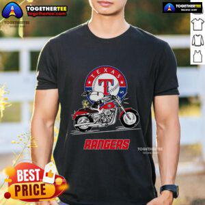 Original Snoopy and Woodstock on motorbike Texas Rangers T-Shirt, featuring vibrant colors and playful design.